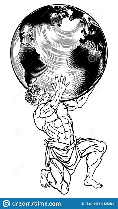 Atlas Lifting Globe Kneeling Woodcut Cartoon Vector