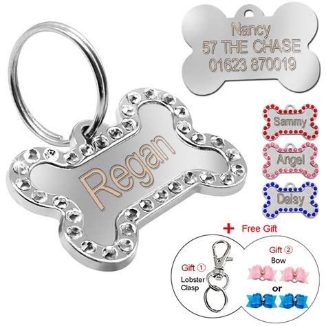 With four lines of personalization for most tags, you have. Engraved Pet Dog Tags Bling Rhinestone Cat ID Name Collar ...
