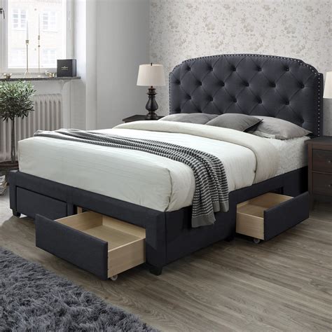 dg casa argo tufted upholstered panel bed frame with storage drawers and nailhead trim headboard