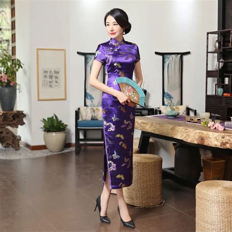 sexy purple traditional chinese women cheongsam satin rayon long qipao elegant long slim