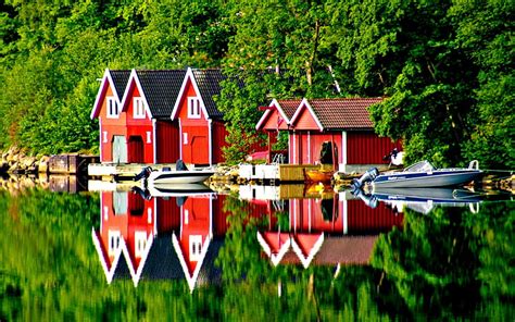 Reflection Boat Pier Peaceful Houses Beauty Boats Mountains Water Green Lake House