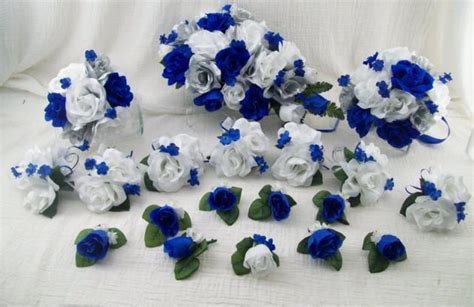 Silk Wedding Flowers Cascade Bridal Bouquets Royal Blue Silver And