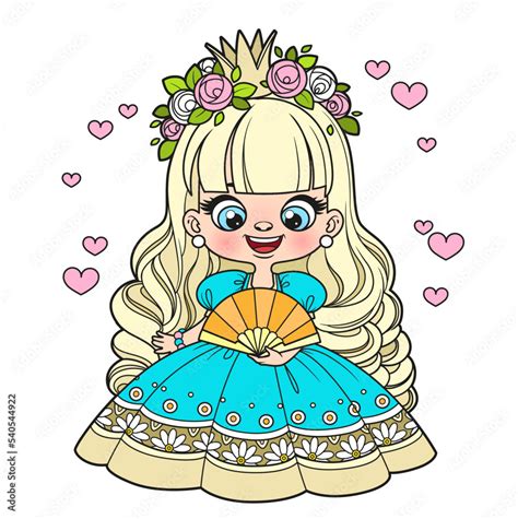 Cute Cartoon Long Haired Princess Girl In Ball Dress With A Fan Color