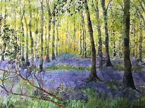 A Painting Of Bluebells And Trees In The Woods