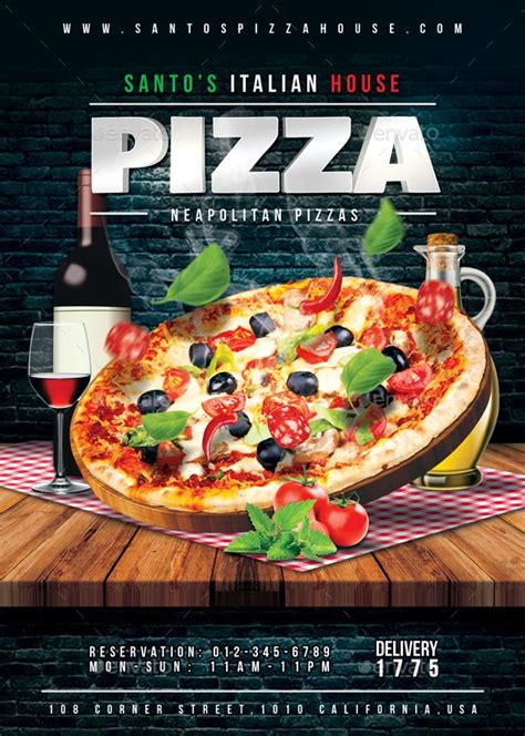 A Flyer For A Pizza Restaurant With An Image Of A Large Pizza On The Table