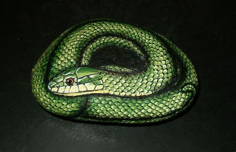 Hand Painted Rock Art Rough Green Snake By Amylenore On Etsy