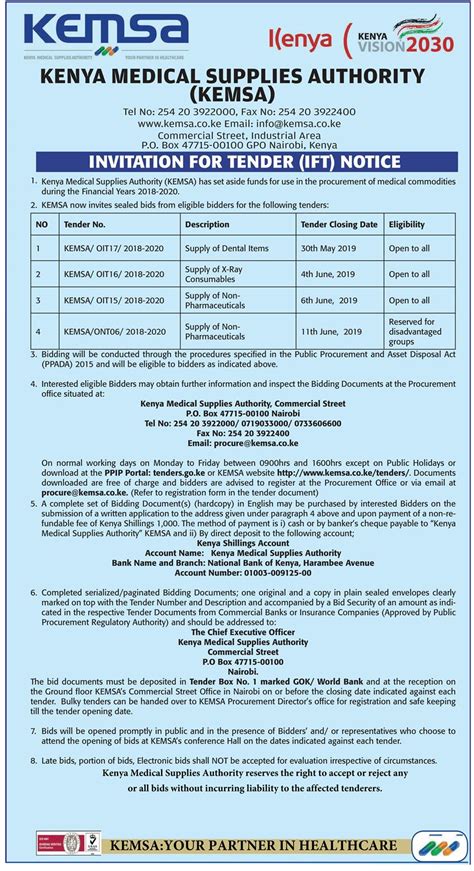 tender notice may 2019 kenya medical supplies authority kemsa