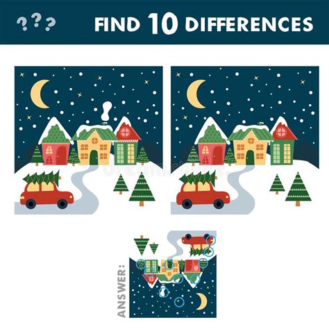 Kids Game Find Ten Differences Vector Cartoon Christmas Houses And Car