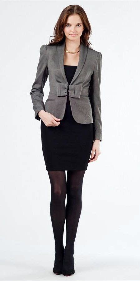 Black Pencil Skirt Gray Blazer Black Pantyhose And Black High Heels Office Attire Women Suits