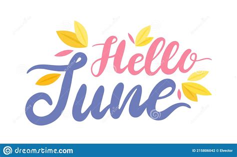 Hello June Colorful Banner With Lettering And Leaves On White
