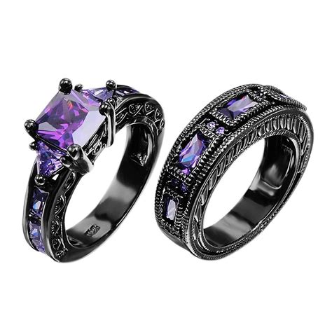European Style Amethyst Two Pieces Promise Rings Couples Black Gold