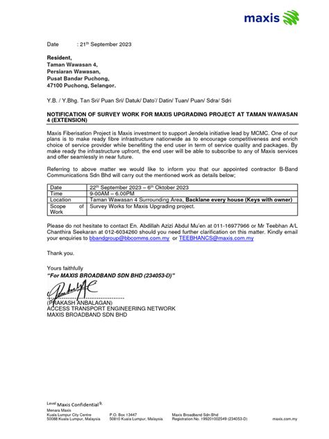 Maxis Official Letter Taman Wawasan 4 Survey Notification Letter