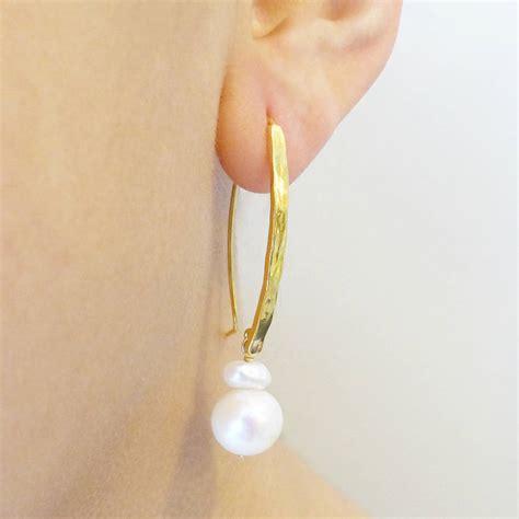 White Pearl Vermeil Long Fish Hook Earrings By Mounir London