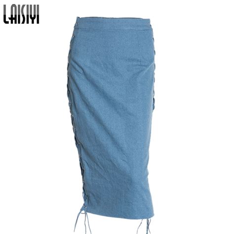 Laisiyi Streetwear Blue Denim Skirt Women Lace Up Sexy High Waist Midi