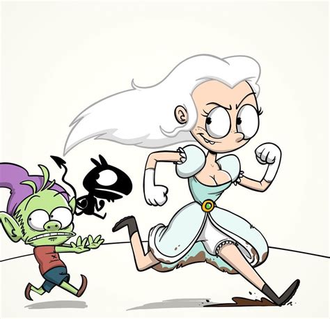 An Old Woman Running Next To A Cartoon Character With A Zombie On The