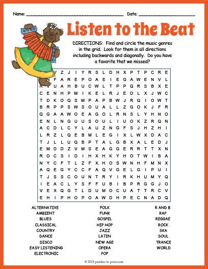 Free Printable Music Genres Word Search Music Word Search Word Search