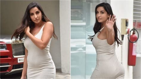 Nora Fatehi In Beige Bodycon Dress Looks Jaw Dropping For An Outing In