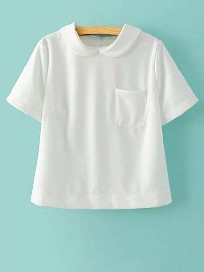 Solid Color Peter Pan Collar Short Sleeve Pocket T Shirt Clothes