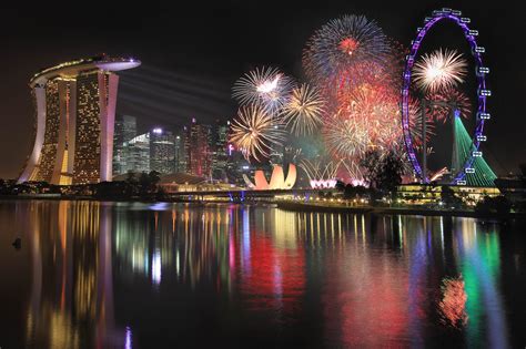 803867 Marina Bay Sands Singapore Roads Bridges Fireworks Night