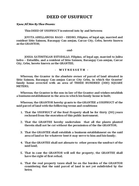 Deed Of Usufruct Pdf Deed Real Property