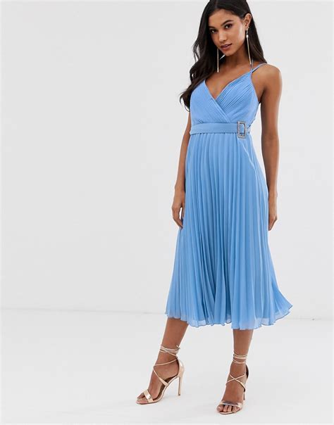 Asos Design Pleated Midi Dress With Cami Straps And Belt Multi Modesens