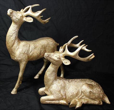 New Set Of 2 Gold Champagne Glitter Christmas Reindeer Deer Statue