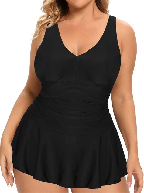 Chama Womens Plus Size Cute Swimdress Bathing Suits V Neck Ruched One