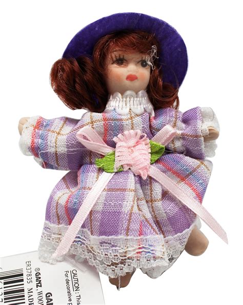 Miniature Porcelain Doll With Brown Hair And Violet Dress By Ganz