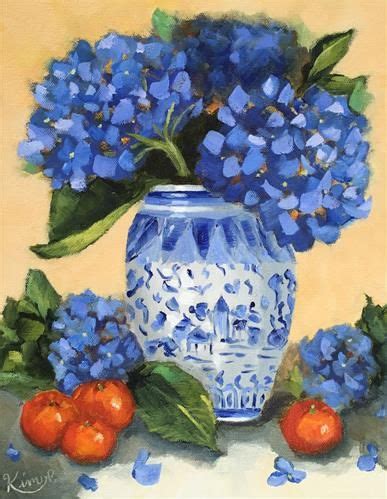 Daily Paintworks Hydrangeas In Blue And White Vase With Clementines