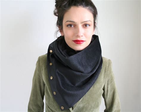Black Winter Scarf With Leatherette And Snaps Extra Long Scarf Unisex