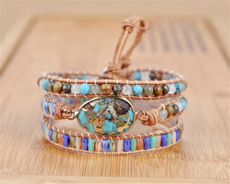 Natural Leather Turquoise Wrap Bracelet Healing Natural Stone Etsy