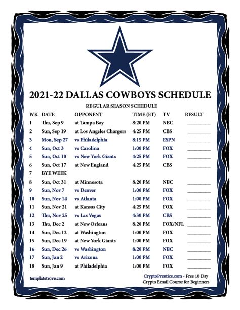 Printable 2021 2022 Dallas Cowboys Schedule