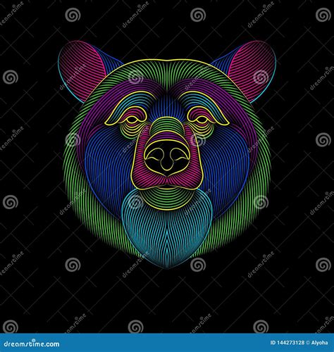 Engraving Of Stylized Psychedelic Bear On Black Background Stock Vector