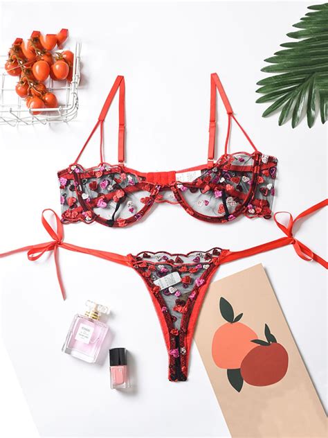 two peices heart embroidery mesh lingerie set