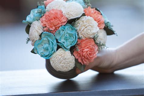 Coral Turquoise And Ivory Tin Floral Arrangement Keepsake Flowers