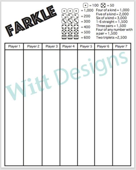 Free to download and print. PDF 8.5x11 Farkle score card 8.5x11 scorecard by WittDesigns