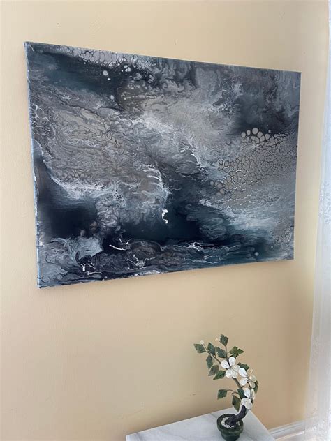 18x24 Metallic Acrylic Pour Painting Silver And Pewter Fluid Etsy Uk