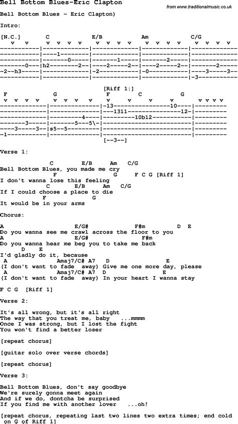 Blues Guitar Song Lyrics Chords Tablature Playing Hints For Bell Bottom Blues Eric Clapton