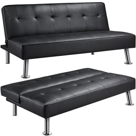 Easyfashion Convertible Black Faux Leather Futon Sofa Bed Black