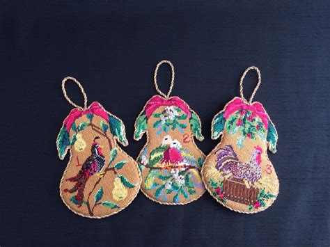 Your pdf download (9 pages) includes color pattern and instructions, dmc thread list, color picture of finished piece, and two book recommendations. 12 Days of Christmas Pear Ornaments ~ needlepoint canvases ...