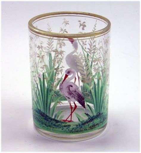 Antique 19th Century Moser Glass Hand Painted Enamel Beaker Birds In Landscape Glass Painting