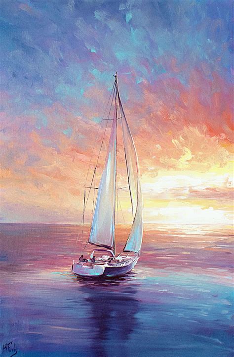 Sailing Art Original Painting Colorful Sunset Sea Etsy Oil Painting