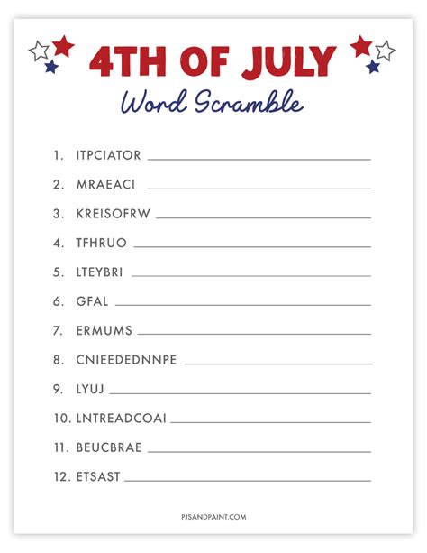 Free Printable Th Of July Word Scramble Pjs And Paint