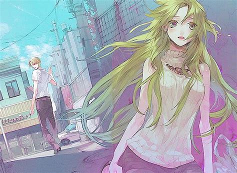 Two Anime Characters Are Walking Down The Street With Long Blonde Hair