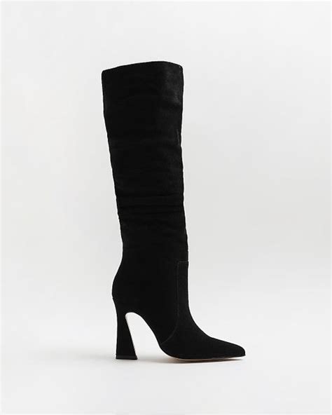 River Island Suede Knee High Heeled Boots In Black Lyst