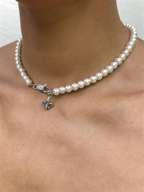 The Pearly Fleur De Lis Choker Silver Mens Pearl Necklace Mens Necklace Fashion Pearl