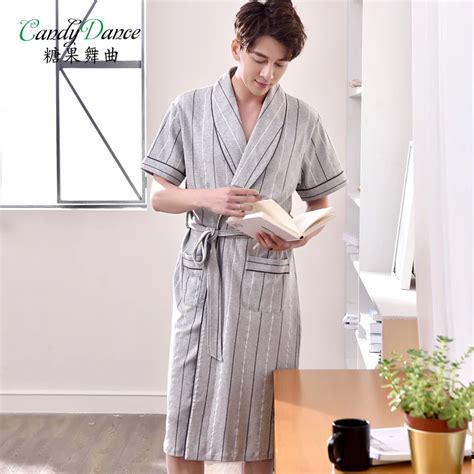 Males Summer Robes 100 Cotton Short Sleeve Striped Bathrobe Spa Home Wear Long Design Plus