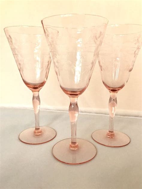 Pink Crystal Wine Glasses Etched Wine Glasses Set 3 Pine Etsy Etched Wine Glasses Crystal