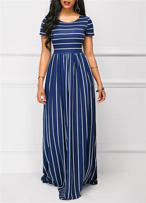 Navy High Waist Stripe Print Short Sleeve Maxi Dress Short Sleeve