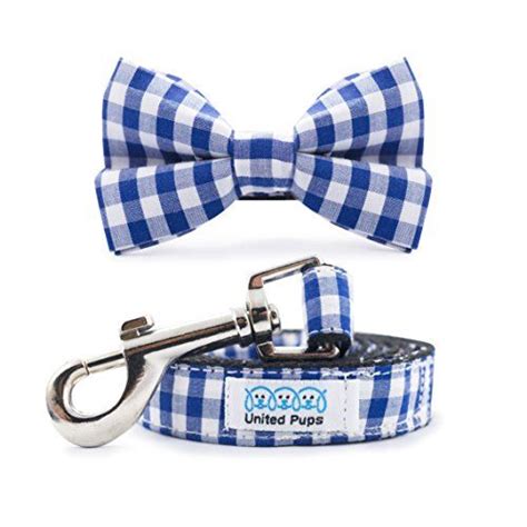 Modern Pups Blue Gingham Plaid Collar With Bow Tie And Leash By United